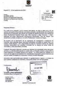 Carta enviada al ministro Álvaro Leyva. Cabecillas Tren de Aragua