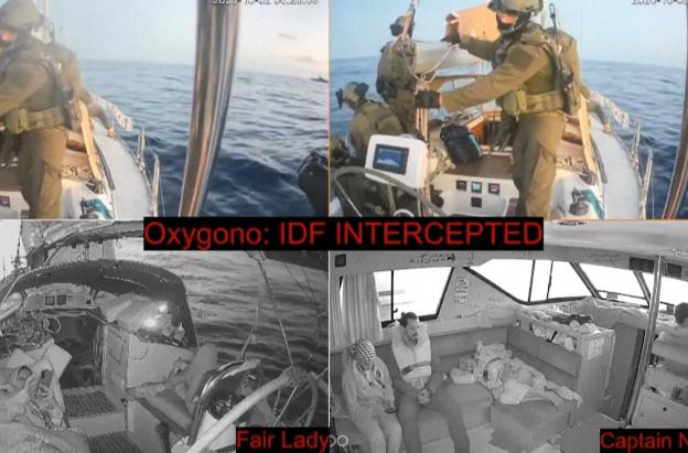 Esta captura de vídeo tomada de una retransmisión en directo emitida el 2 de octubre de 2025 por la Flotilla de la libertad muestra a soldados de la marina israelí (arriba) abordando el buque «Oxygono», uno de los barcos de la flotilla Sumud, con el objetivo de romper el bloqueo israelí de Gaza.