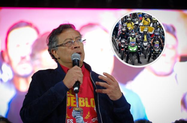 Presidente sobre motociclistas. / Fotos: Presidencia y AFP.