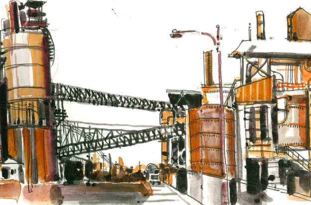 dibujo acuarela de una fábrica 