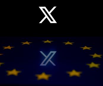 Esta fotografía ilustrativa muestra el logotipo de la red social X (antes Twitter) reflejado en una bandera de la Unión Europea en Bruselas, tras caida de Cloudflare.