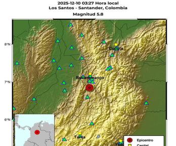 El Servicio Geológico reportó un sismo de magnitud 5.8 con epicentro en Los Santos, Santander, a las 3:27 a.m.