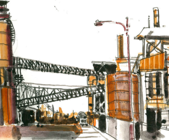 dibujo acuarela de una fábrica 