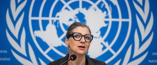 La Relatora Especial de las Naciones Unidas sobre la situación de los derechos humanos en los territorios palestinos, Francesca Albanese, habla durante una rueda de prensa en el marco de una sesión del Consejo de Derechos Humanos de la ONU, en Ginebra.