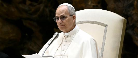 El papa León XIV pronuncia su discurso durante la audiencia general en la Sala Pablo VI del Vaticano.
