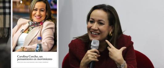 Carolina Corcho y el libro un pensamiento en movimiento. / Fotos: Nairo Jacanamijoy y X Carolina Corcho.