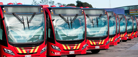 hilera de buses de Transmilenio (panorámicos frontales)