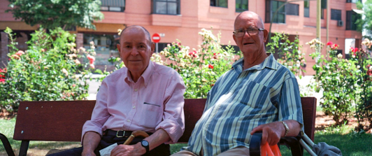 dos adultos mayores sentados en una banca de parque