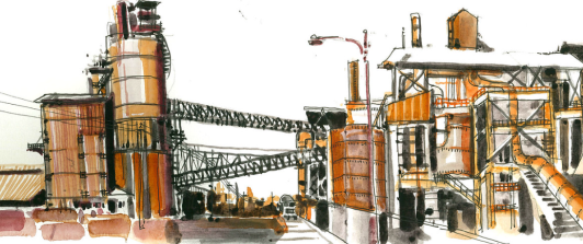 dibujo acuarela de una fábrica 