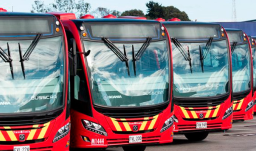 hilera de buses de Transmilenio (panorámicos frontales)