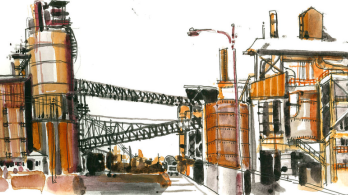 dibujo acuarela de una fábrica 