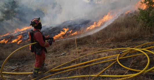 Un miembro de la Unidad Militar de Emergencias (UME) de España combate un incendio forestal en Garano, al noroeste de España.