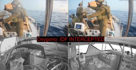 Esta captura de vídeo tomada de una retransmisión en directo emitida el 2 de octubre de 2025 por la Flotilla de la libertad muestra a soldados de la marina israelí (arriba) abordando el buque «Oxygono», uno de los barcos de la flotilla Sumud, con el objetivo de romper el bloqueo israelí de Gaza.