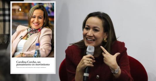 Carolina Corcho y el libro un pensamiento en movimiento. / Fotos: Nairo Jacanamijoy y X Carolina Corcho.
