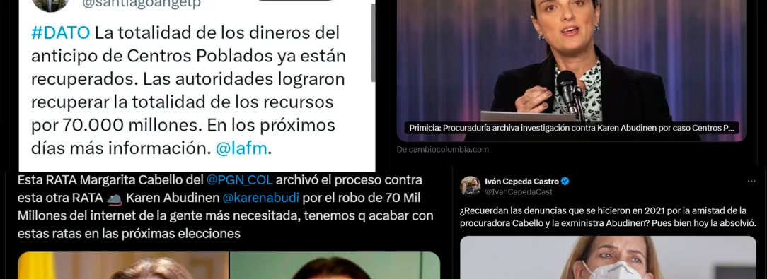 Capturas de pantalla que evidencian los mensajes de rechazo frente a la decisión de la procuradora Cabello de archivar proceso contra Karen Abudinen.