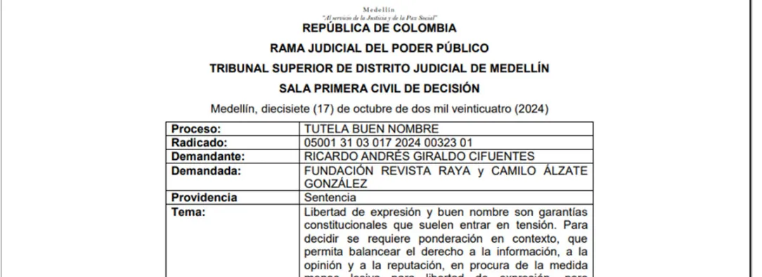 Triunfo a la libertad de expresión: Tribunal Superior de Medellín rechazó tutela que buscaba silenciar a la Revista Raya