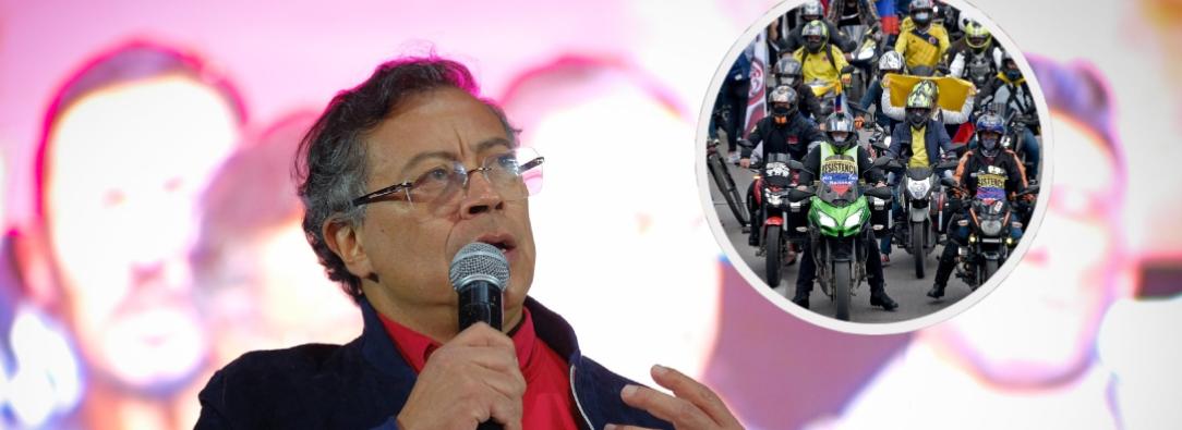 Presidente sobre motociclistas. / Fotos: Presidencia y AFP.