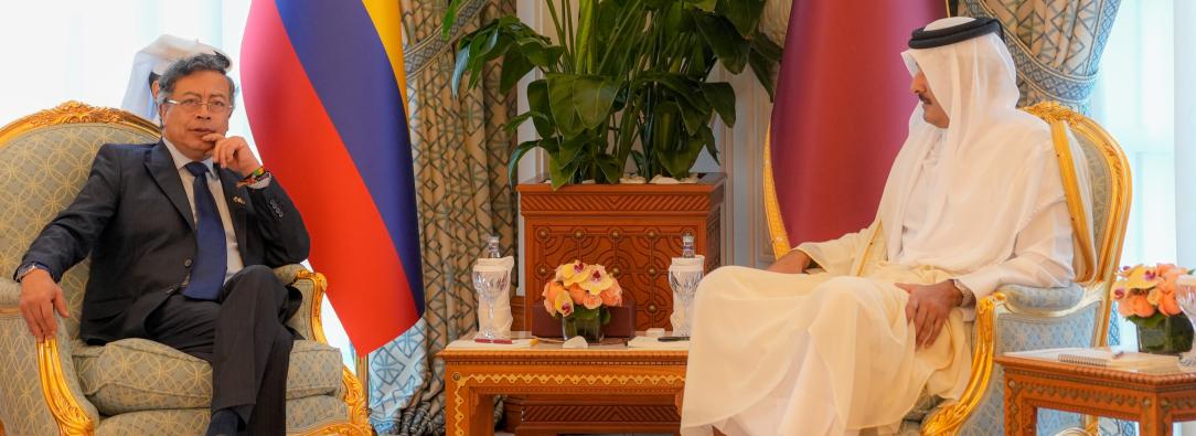 El primer mandatario y el jeque de Catar, Tamim bin Hamad Al Thani, coincidieron en fortalecer proyectos educativos en Colombia y en la urgencia de garantizar un Estado palestino estable. 