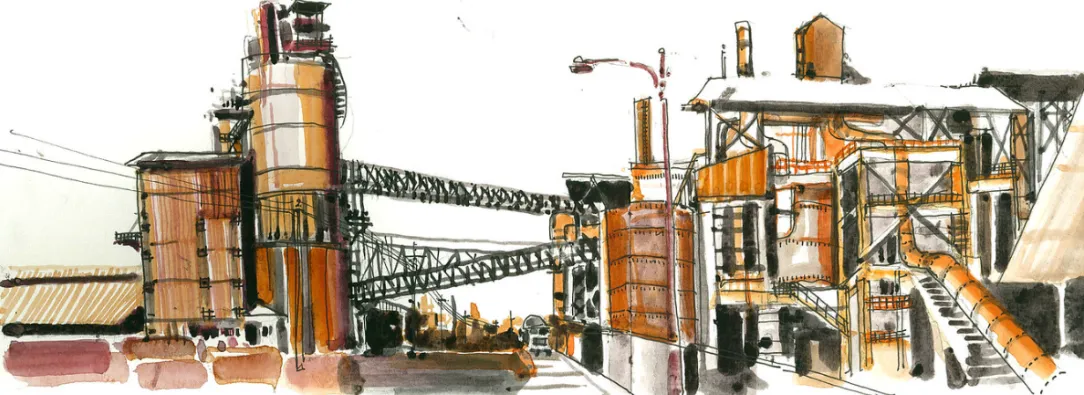 dibujo acuarela de una fábrica 