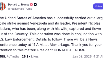 Trump confirma que el presidente Maduro y su esposa son rehenes de Estados Unidos
