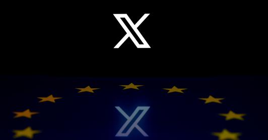 Esta fotografía ilustrativa muestra el logotipo de la red social X (antes Twitter) reflejado en una bandera de la Unión Europea en Bruselas, tras caida de Cloudflare.