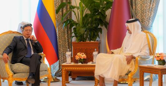 El primer mandatario y el jeque de Catar, Tamim bin Hamad Al Thani, coincidieron en fortalecer proyectos educativos en Colombia y en la urgencia de garantizar un Estado palestino estable. 