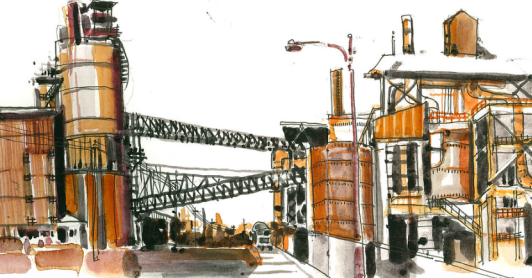 dibujo acuarela de una fábrica 
